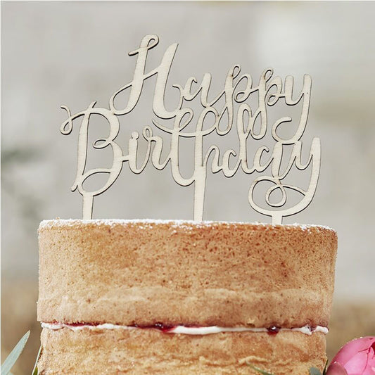 Topper de gâteau d'anniversaire en bois Happy Birthday