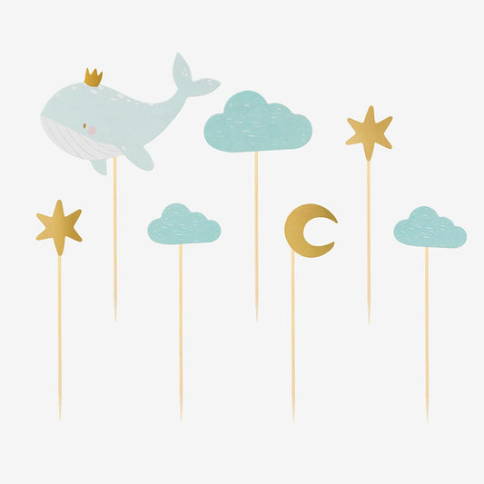 Toppers baleine et ciel bleu pour decor gateau baby shower garcon