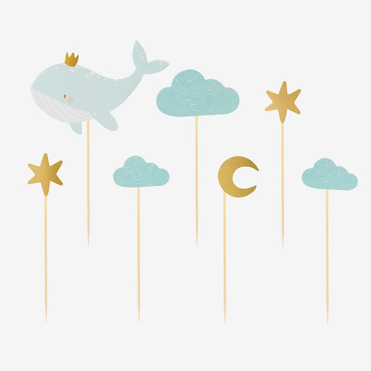 Toppers baleine et ciel bleu pour decor gateau baby shower garcon