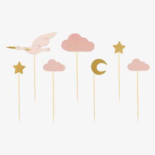 Toppers cigognes et ciel rose pour decor gateau baby shower fille