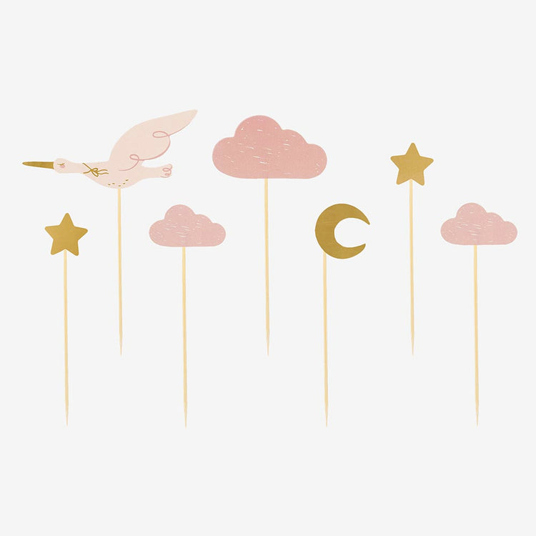 Toppers cigognes et ciel rose pour decor gateau baby shower fille