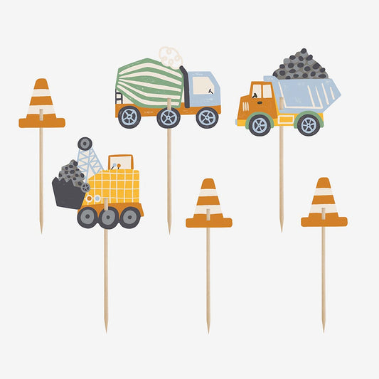 6 Cake toppers engins de chantier pour muffins et cupcakes
