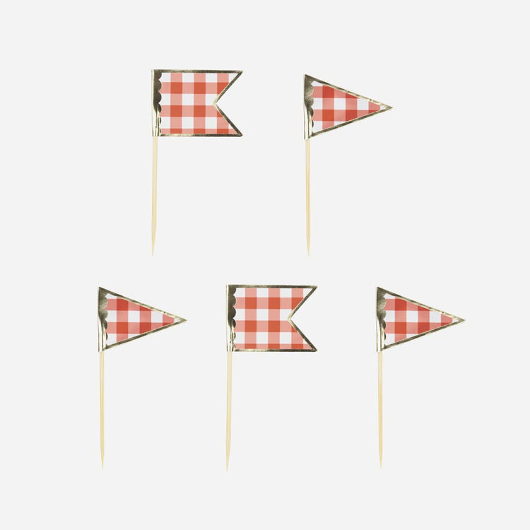 Toppers en bois drapeaux vichy rouge pour décoration thème guinguette