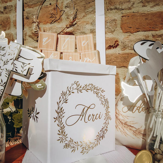 Urne blanc et or avec inscription Merci parfaite pour votre mariage