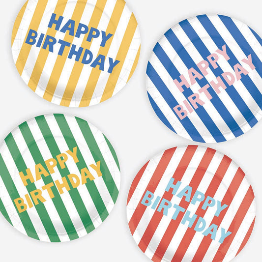 Assiette en carton : 8 assiettes Happy birthday rayures