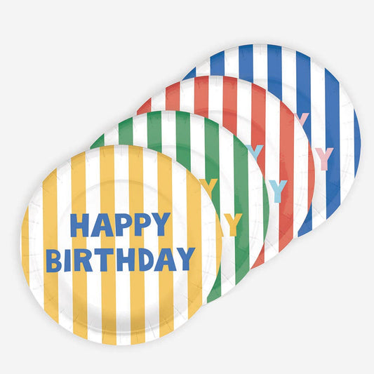 Assiette en carton : 8 assiettes Happy birthday rayures