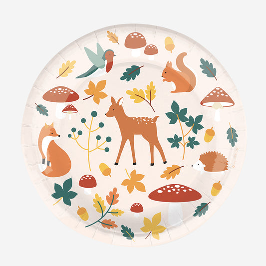 8 assiettes en carton animaux des sous-bois pour deco de table