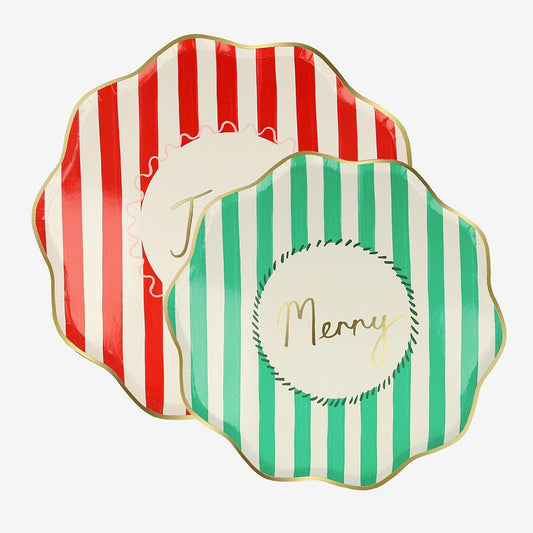 8 platos de papel navideños a rayas: decoración de mesa navideña
