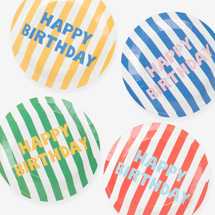 Assiette en carton : 8 assiettes Happy birthday rayures