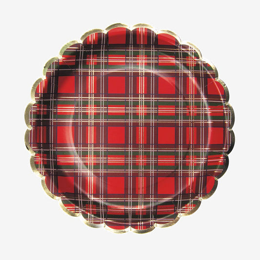 8 assiettes en carton festonnées tartan : decoration table noel