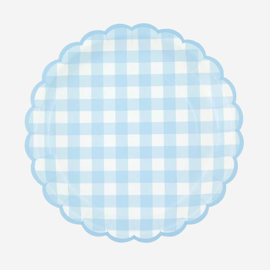 8 assiettes vichy bleu pour une table d'anniversaire retro et pastel