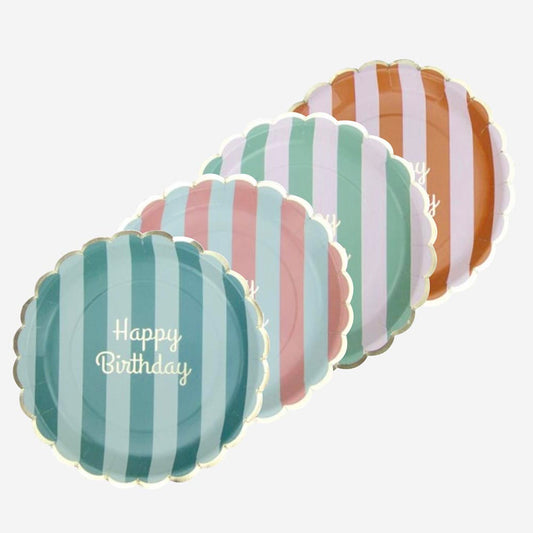 assiettes en carton happy birthday pastel rayure vaisselle pour la décoration d'anniversaire