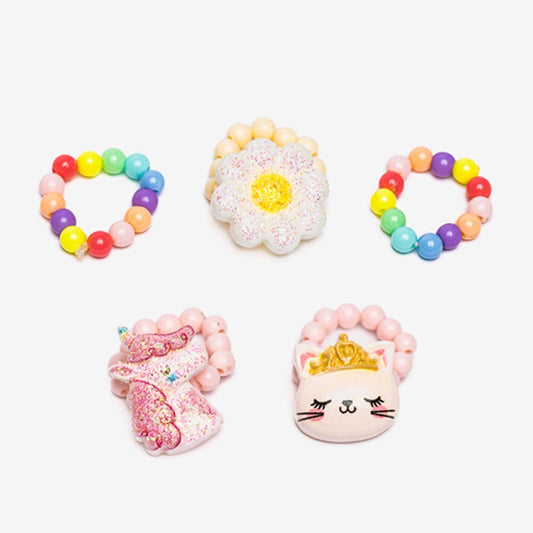 5 bagues licorne, chat, fleur et élastiques