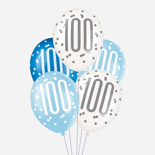 6 ballons de baudruche 100 ans bleus : decor anniversaire chic