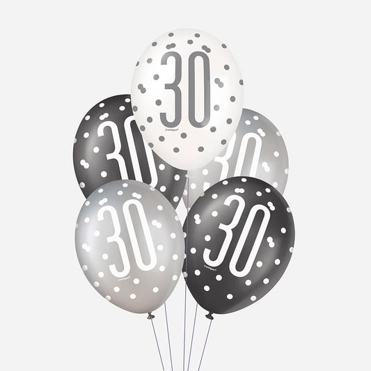 6 ballons de baudruche 30 noirs : deco anniversaire 30 ans chic