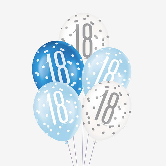 6 globos con números azules: decoración de 18 años
