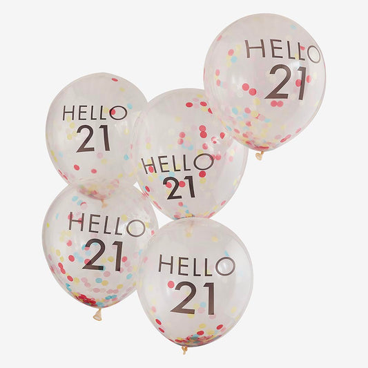 Globos de confeti para decoración de 21 cumpleaños.