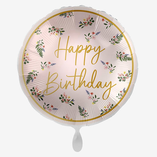 Ballon mylar Happy Birthday fleuri : deco anniversaire chic