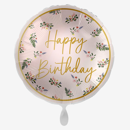 Ballon mylar Happy Birthday fleuri : deco anniversaire chic