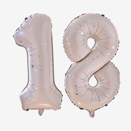 Ballons chiffres hélium 18 ans beige et doré : anniversaire 18 ans