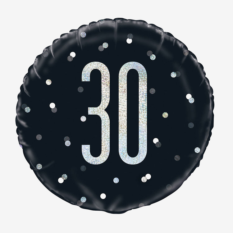Ballon mylar 30 noir holographique : decoration fete 30 ans chic