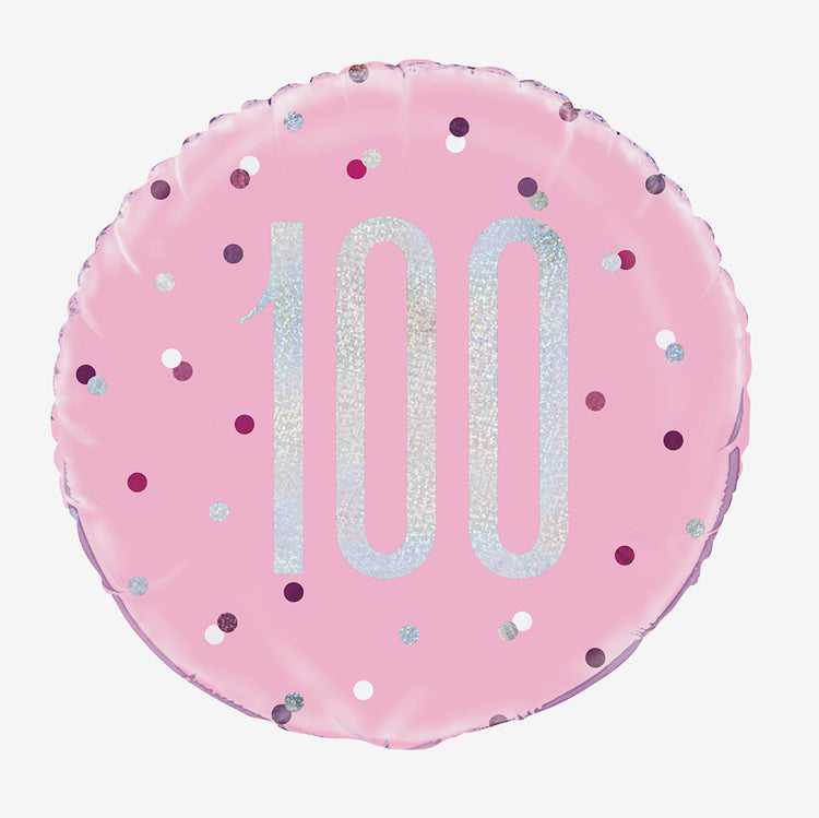Ballon mylar 100 rose holographique pour decoration fete 100 ans