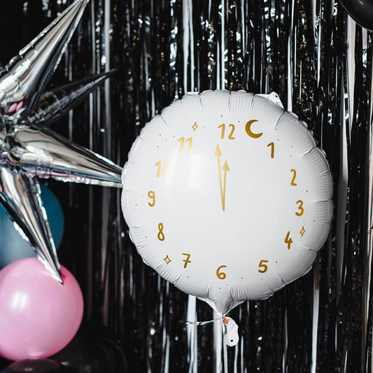 Décoration du Nouvel an : ballon en aluminium horloge blanc et or