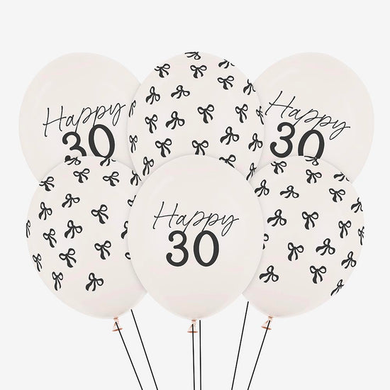 6 ballons baudruches 30 ans age et motif noeud noir tendance