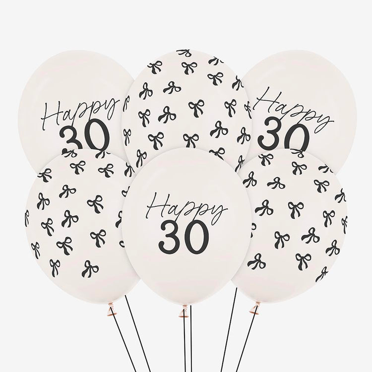 6 ballons baudruches 30 ans age et motif noeud noir tendance