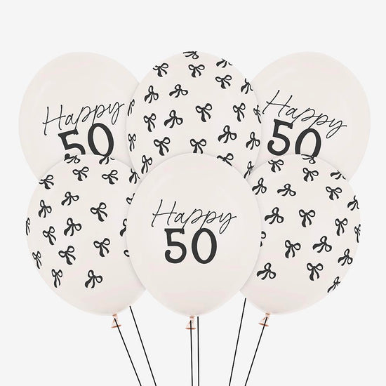 6 ballons baudruches 50 ans age et motif noeud noir intemporel et chic