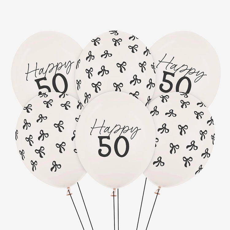 6 ballons baudruches 50 ans age et motif noeud noir intemporel et chic