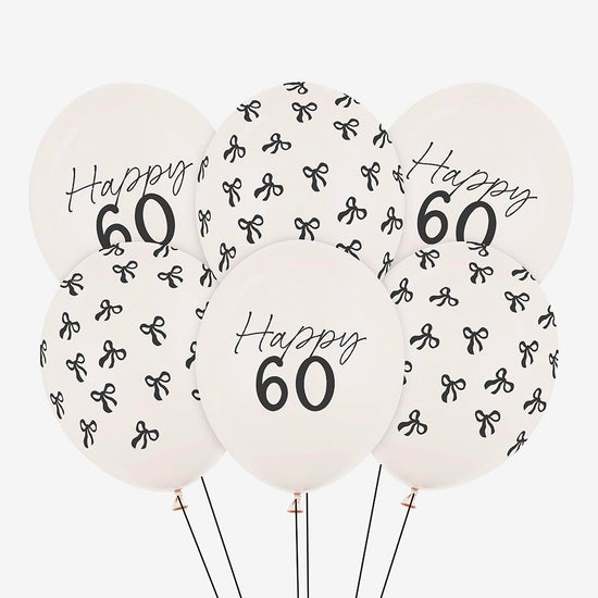 6 ballons baudruches 60 ans age et motif noeud noir intemporel et chic