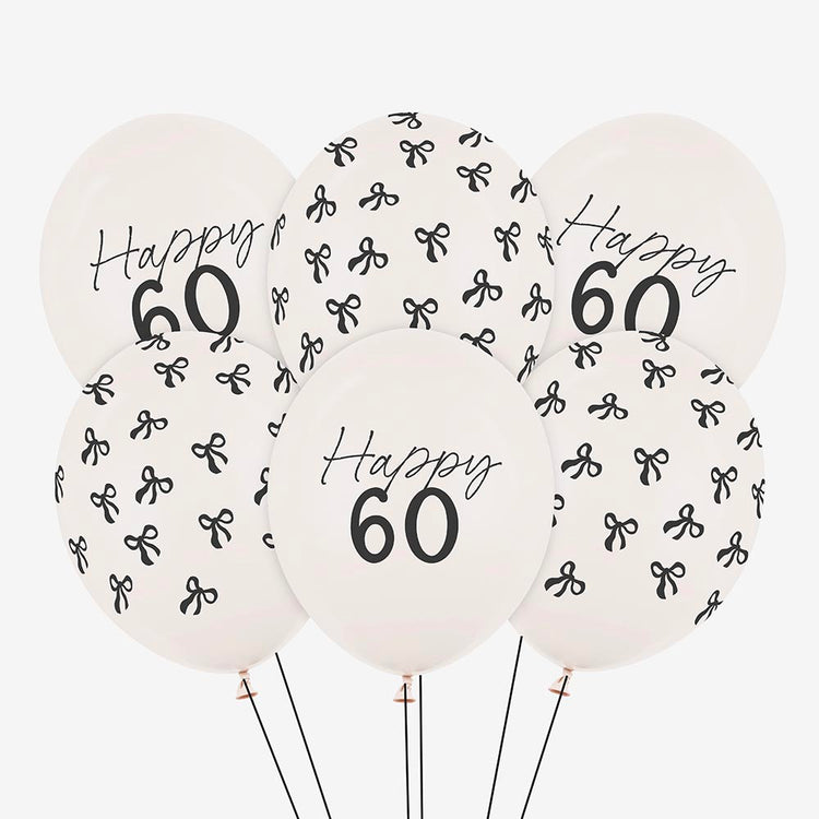 6 ballons baudruches 60 ans age et motif noeud noir intemporel et chic
