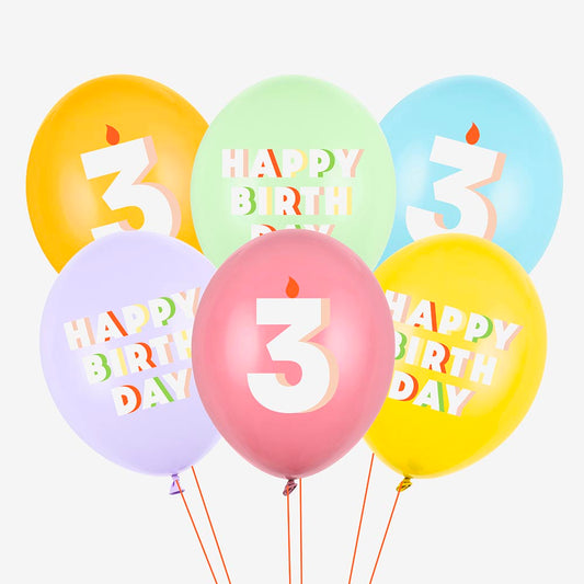 6 ballons de baudruche happy birthday chiffre age 3 ans bougie multicolore