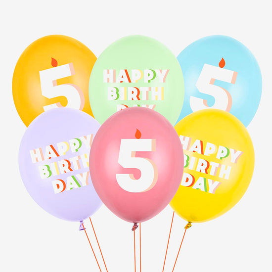 6 ballons de baudruche happy birthday chiffre age cinq ans bougie multicolore