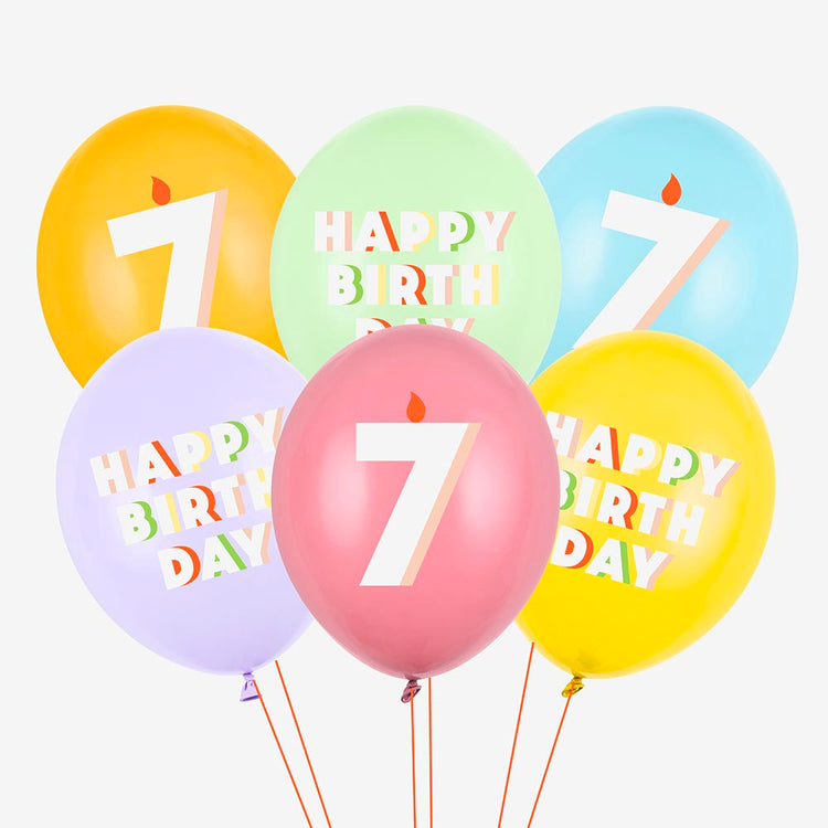 6 ballons de baudruche happy birthday chiffre age 7 ans bougie multicolore
