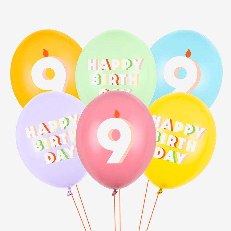 6 ballons de baudruche happy birthday chiffre age neuf ans bougie multicolore
