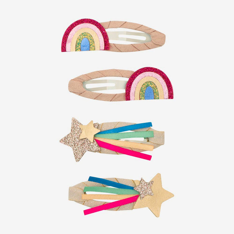 4 barrettes arc-en-ciel et étoile filante glitter cadeaux à glisser dans une pochette surprise