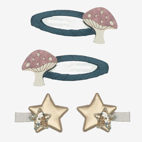 4 barrettes étoiles et champignons : petit cadeau anniversaire foret