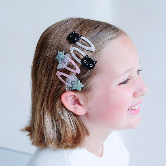 4 barrettes chats noirs et étoiles pour cheveux