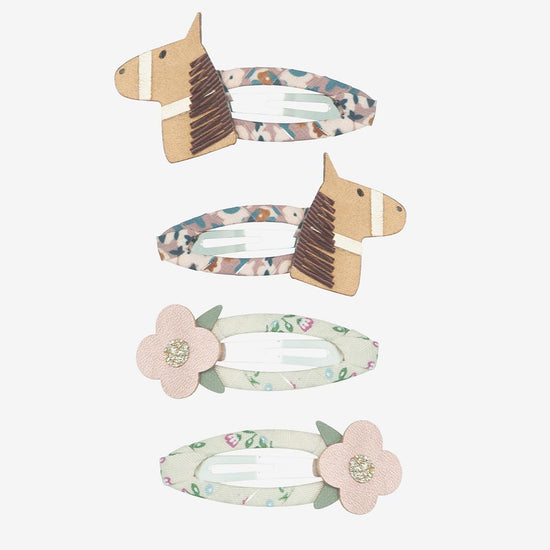 4 barrettes cheval et fleur : cadeau anniversaire fille theme cheval