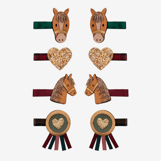 8 barrettes équitation accessoires cheveux à prix doux en forme de cheval et cocarde concours equitation