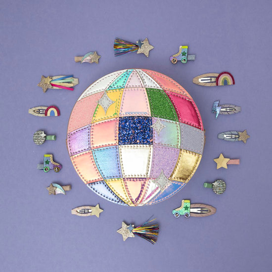 8 barrettes disco glitter et holographique rooler, boule a facette et etoile