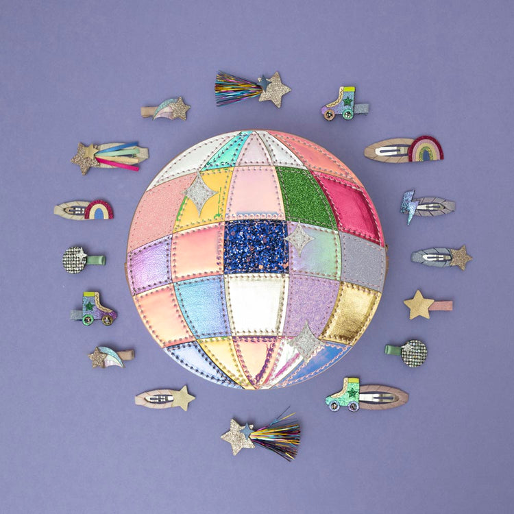 8 barrettes disco glitter et holographique rooler, boule a facette et etoile