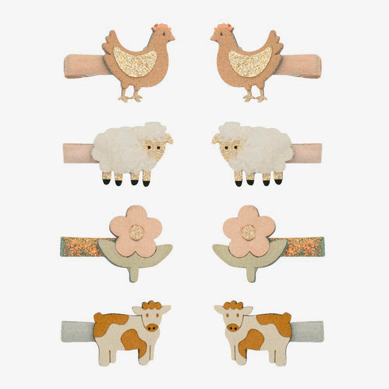 8 barrettes cadeaux pour anniversaire thème animaux de la ferme poule, vache et mouton