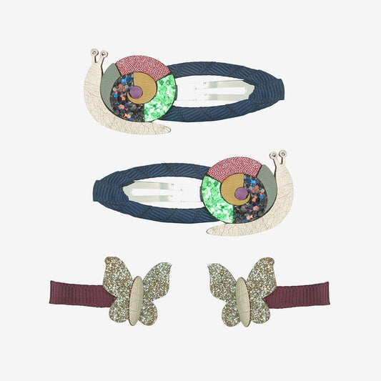 4 Barrettes escargot et papillon : accessoires cheveux originaux