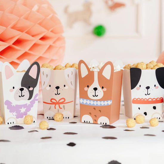 6 boîtes à pop-corn chiens pour une fête sur le thème chien