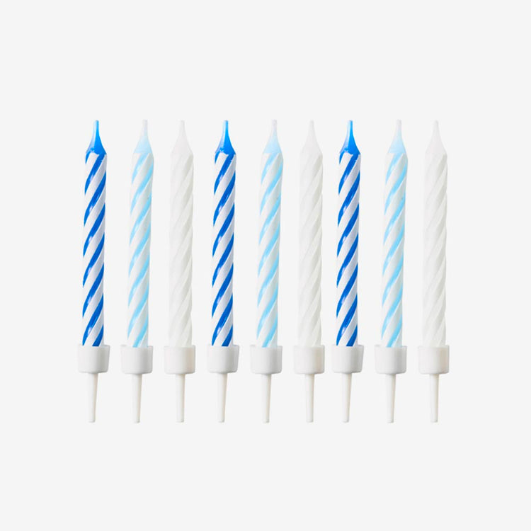 10 bougies d'anniversaire bleues avec bobèche blanche
