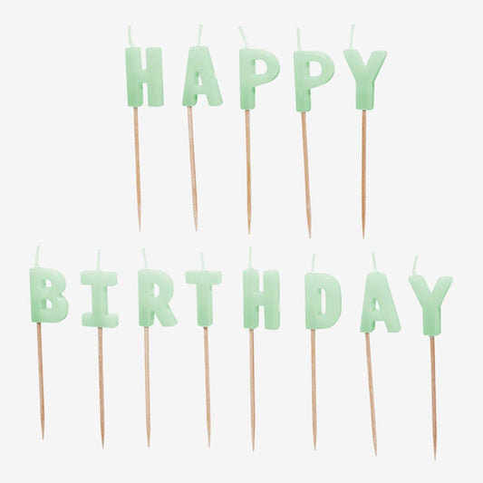 Bougie anniversaire : 13 bougies Happy birthday vertes