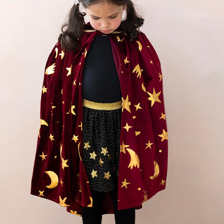 Costume Sorcier Halloween Enfant - Cape + Chapeau - Taille 3-12 Ans - Imprimé Doré Et Motifs Festifs